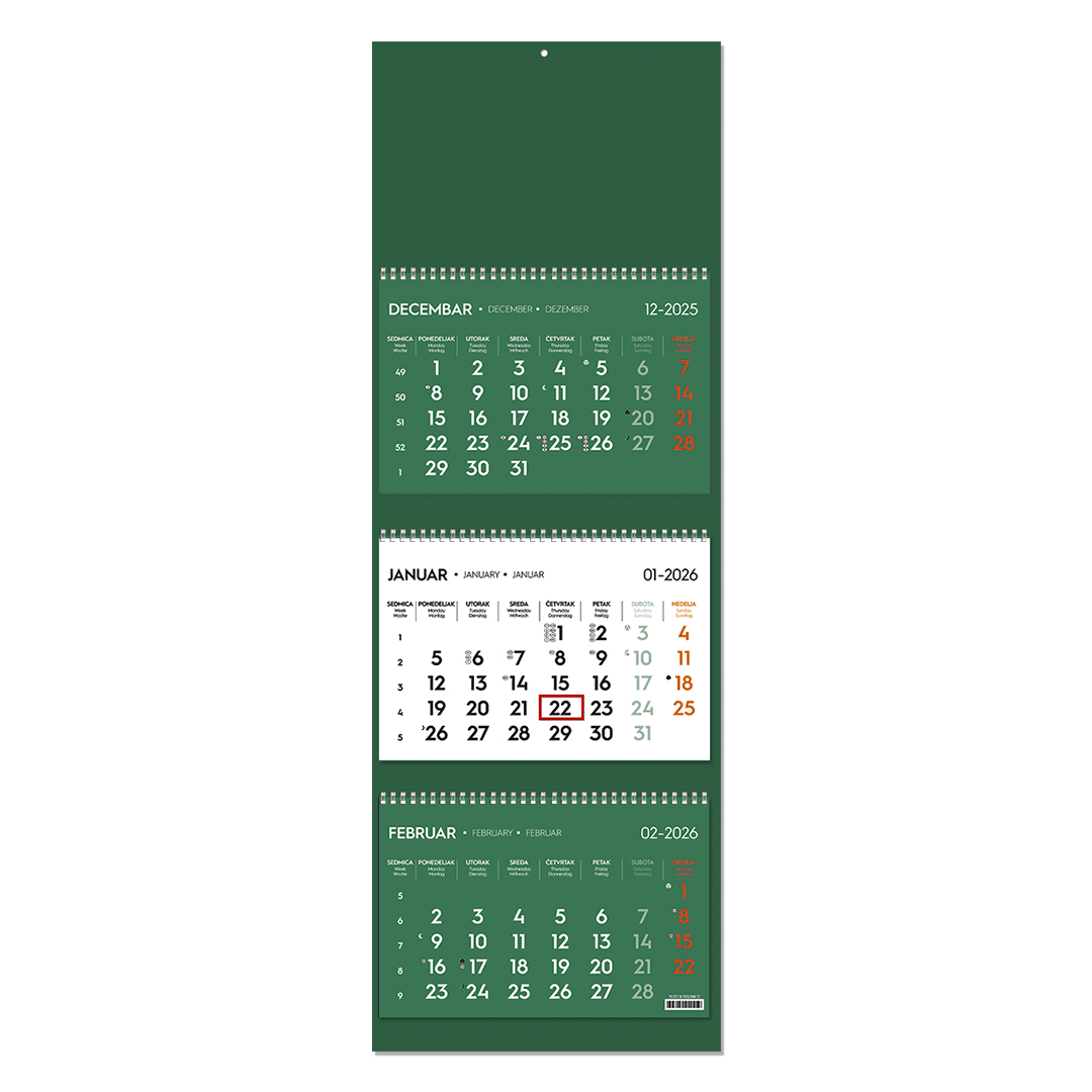 Zidni kalendar: 3 x 12 listova, tromesečni, trodelni